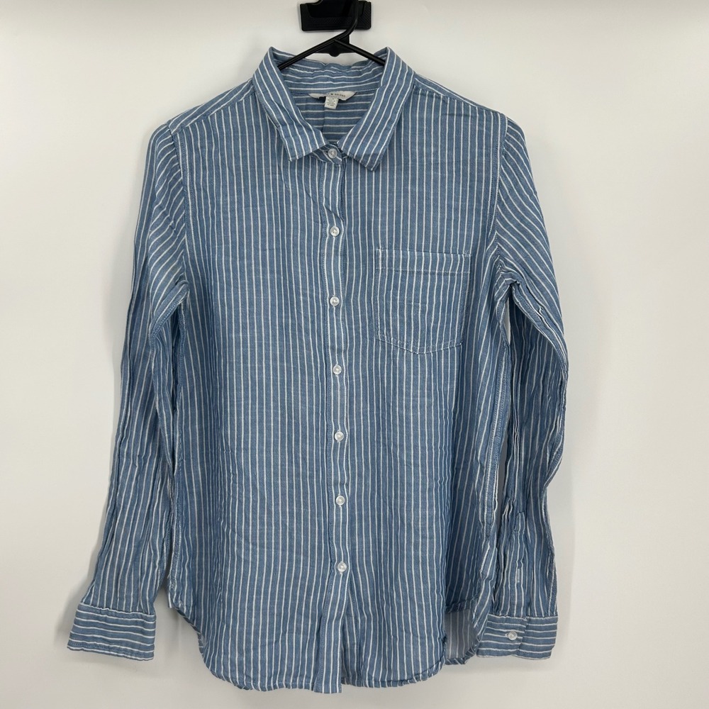 Lucky Brand Womens Blue White Striped Cotton Modal Button Down Shirt Small 0634